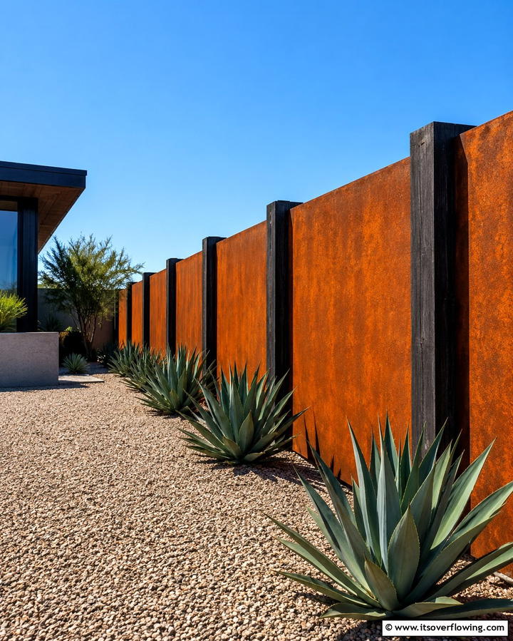 Rustic Charm with Corten Steel Fence - 30 Decorative Fence Ideas to Enhance Your Yard’s Aesthetic