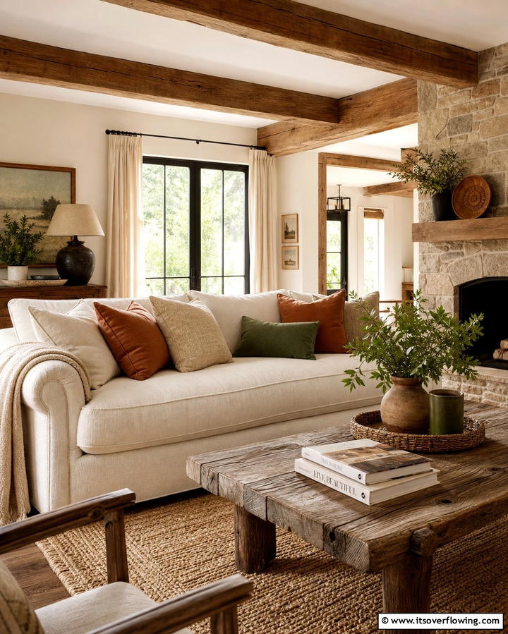 Rustic Charm with Cream and Natural Textures - 25 Cream Couch Living Room Ideas for Timeless Elegance