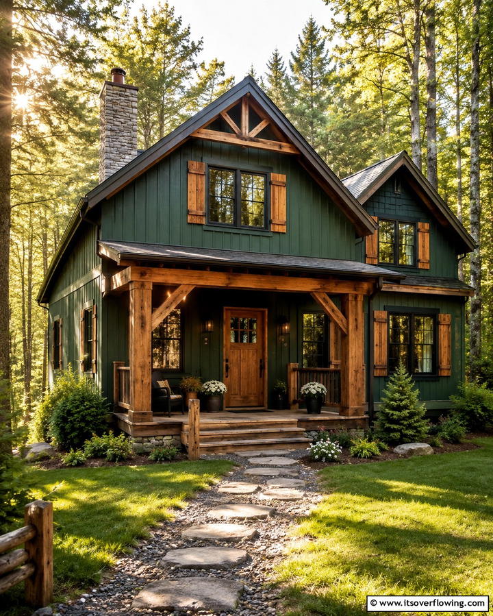 Rustic Charm with Dark Green and Natural Wood - 30 Stunning Dark Green Exterior House Designs for Curb Appeal