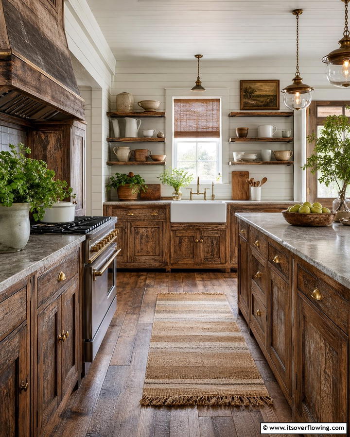 Rustic Charm with Distressed Brown Cabinets - 20 Brown Kitchen Cabinets Ideas for a Warm and Inviting Space