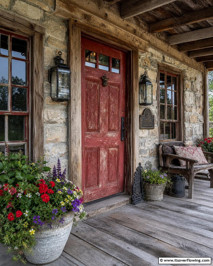 Rustic Charm with Distressed Dark Red Finish - 25 Dark Red Front Door Ideas for a Bold Entrance