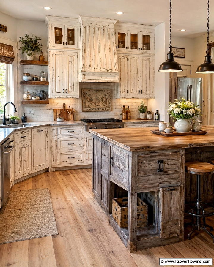Rustic Charm with Distressed Finishes - 25 White Kitchen Cabinets with Grey Island Ideas