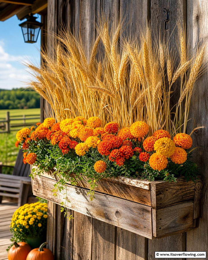 Rustic Charm with Dried Wheat and Marigolds - 20 Fall Flower Box Ideas for Seasonal Beauty