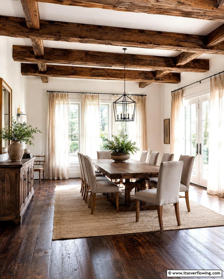 Rustic Charm with Exposed Wooden Beams - 25 Dark Wood Floor Dining Room Ideas for a Classic Look