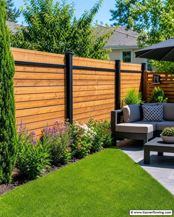 Rustic Charm with Horizontal Wood Panels and Metal Frames - 25 Metal and Wood Fence Ideas for Durable Boundaries