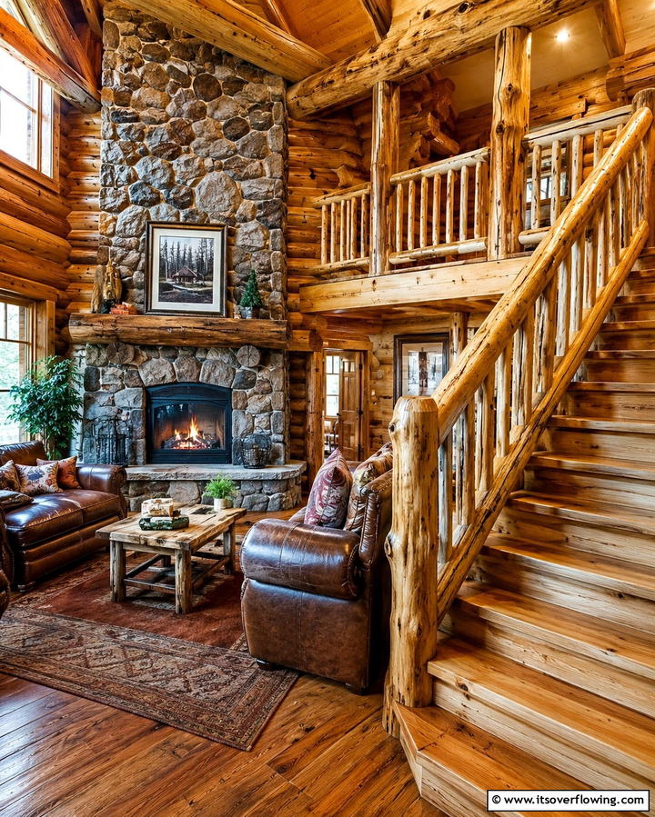 Rustic Charm with Log Railings - 25 Stair Railing Ideas for Modern and Traditional Homes