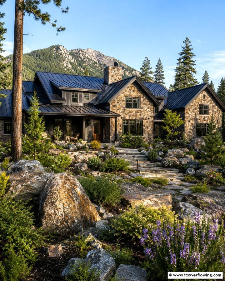 Rustic Charm with Natural Stone - 30 Black Roof Exterior Home Design Ideas for Bold Contrast