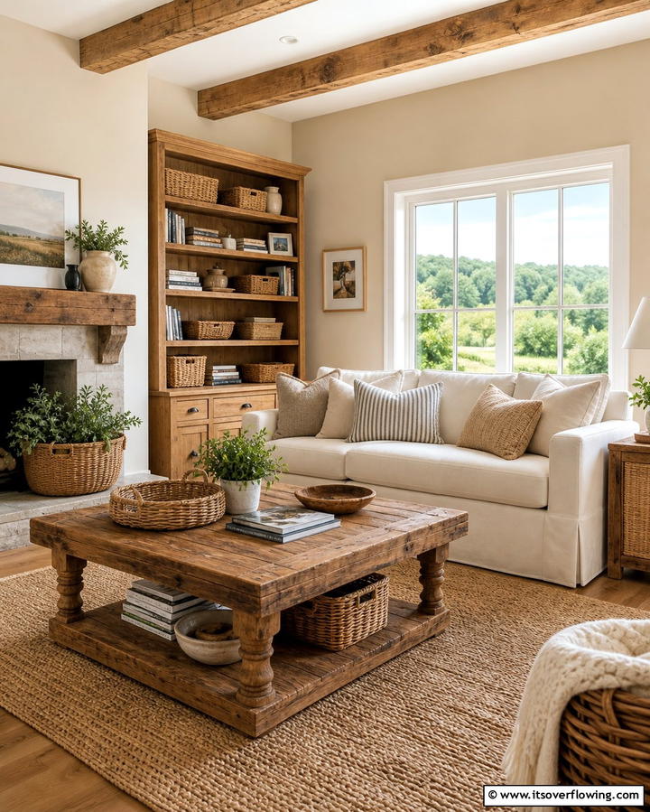 Rustic Charm with Natural Wood Accents - 25 Dulux Egyptian Cotton Living Room Ideas for Elegance