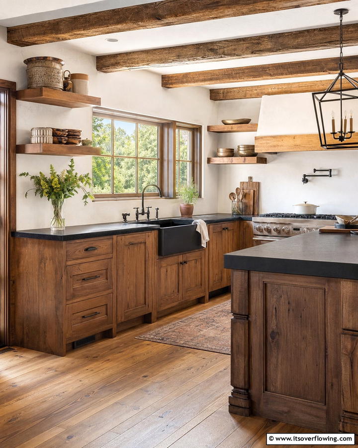 Rustic Charm with Natural Wood Tones - 25 Brown Kitchen Cabinets With Black Countertops