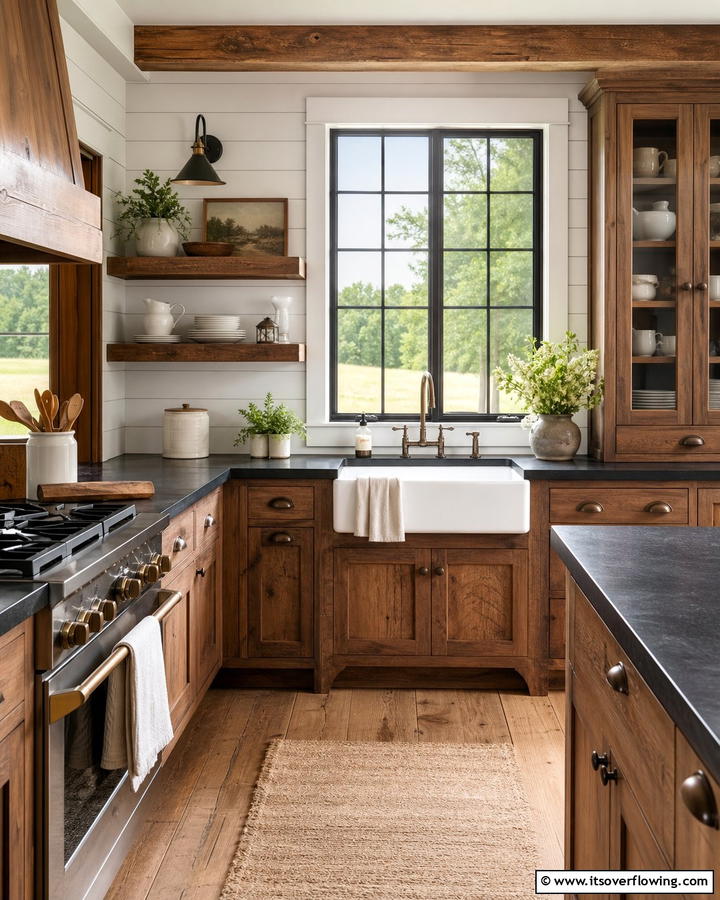Rustic Charm with Natural Wood - 25 Brown Kitchen Cabinets With Black Countertops
