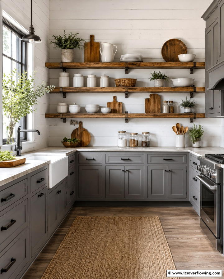 Rustic Charm with Open Shelving - 25 Farmhouse Kitchen with Gray Cabinets Ideas