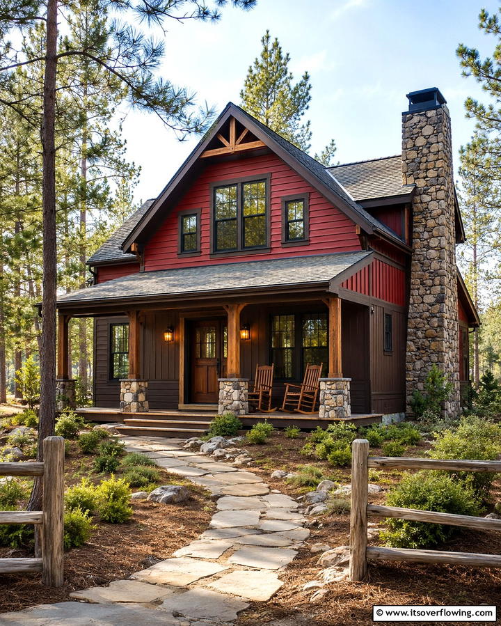 Rustic Charm with Red and Brown - 20 Two-tone Siding Designs for Modern Home Exteriors