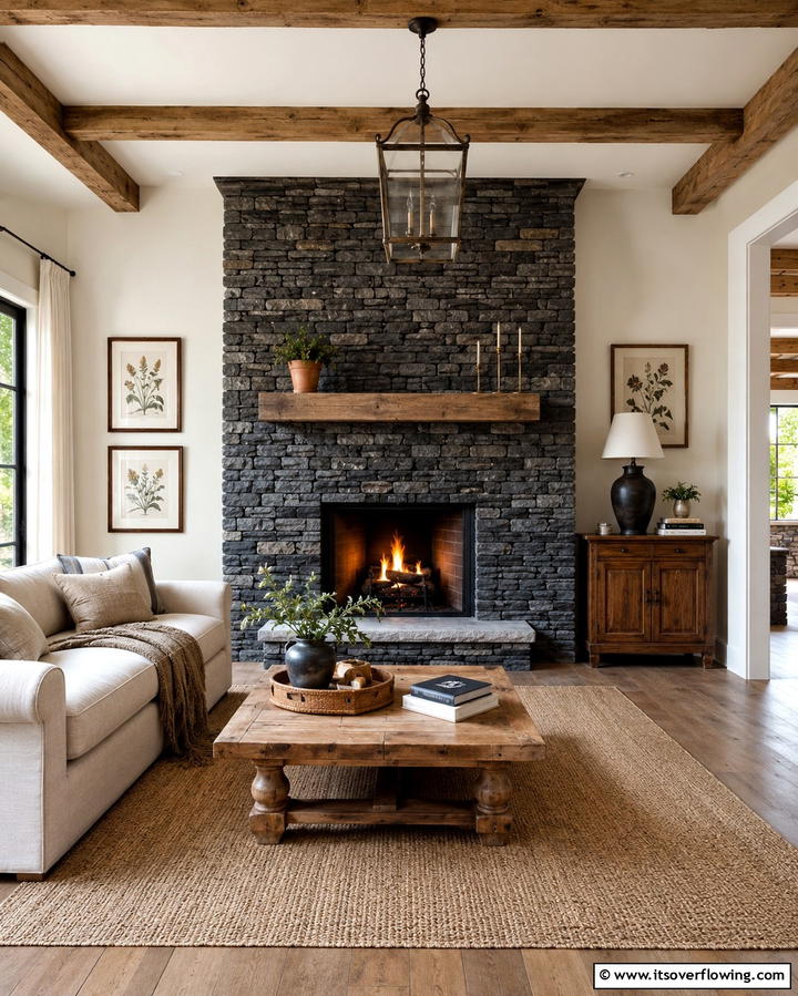 Rustic Charm with Stacked Black Stones - 25 Elegant Black Stone Fireplace Ideas