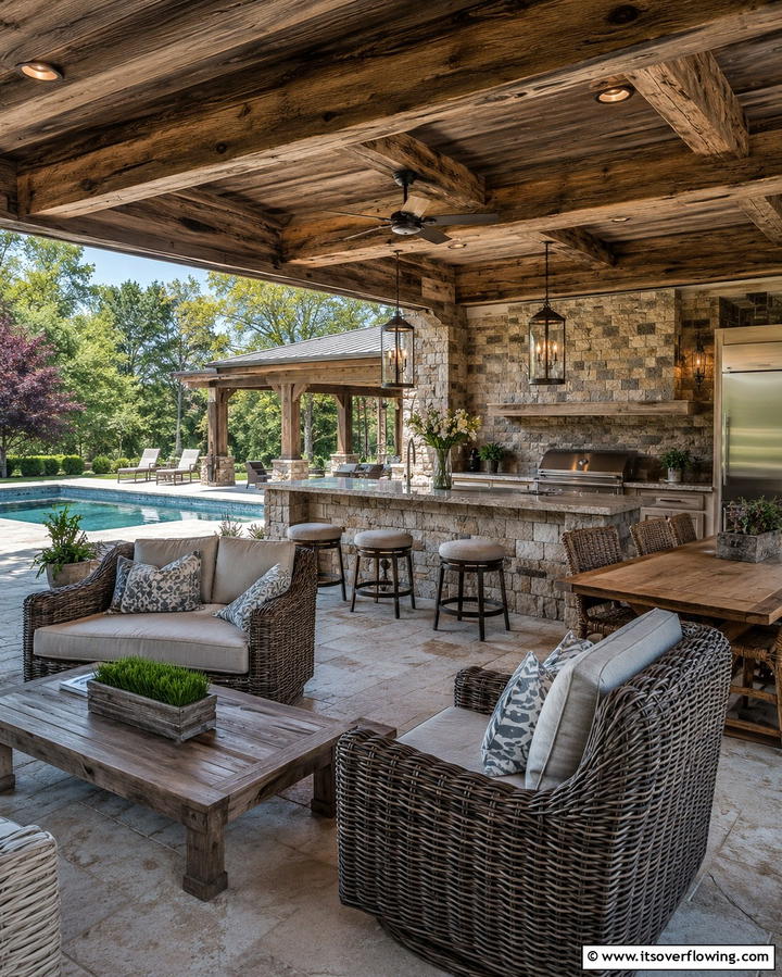 Rustic Charm with Stone Accents - 30 Pool House with Outdoor Kitchen Designs for Entertaining