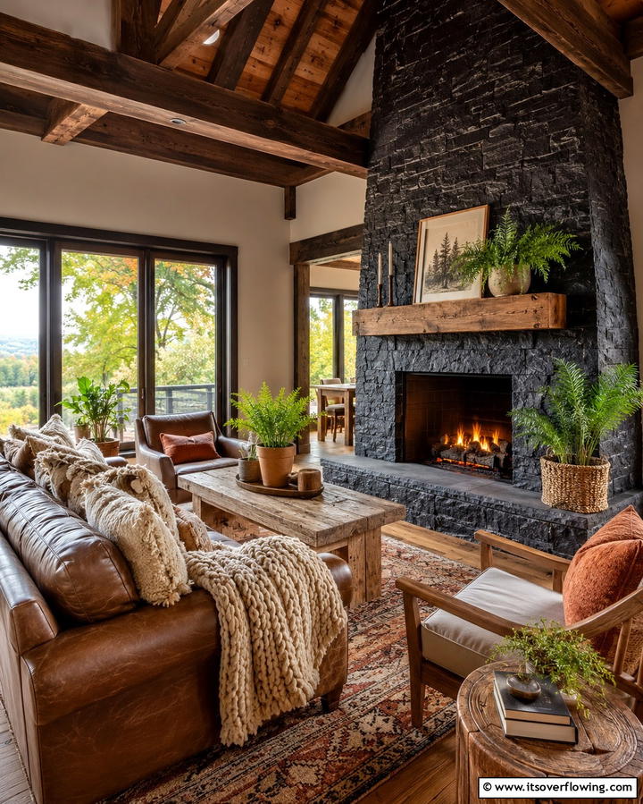 Rustic Charm with Textured Black Stone - 25 Elegant Black Stone Fireplace Ideas