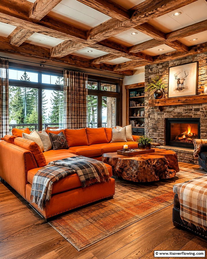 Rustic Charm with Warm Wood - 25 Orange Couch Living Room Ideas for a Vibrant Space