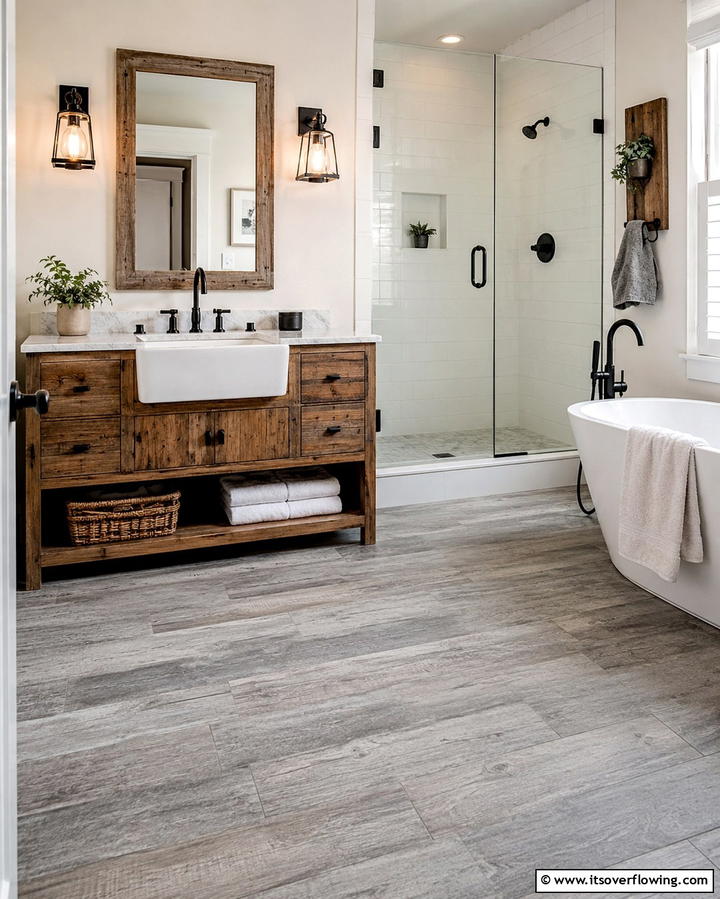 Rustic Charm with Weathered Gray Wood Look Tiles - 30 Gray Floor Bathroom Design Ideas for Sleek Minimalism