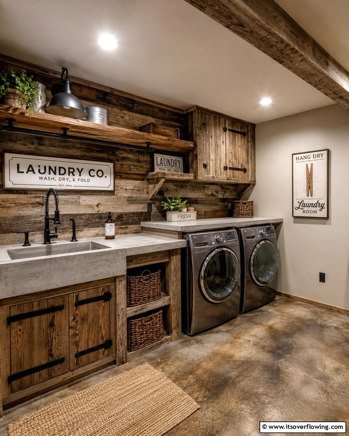 Rustic Charm with Wood Accents - 30 Basement Laundry Room Ideas for Functional Utility Spaces