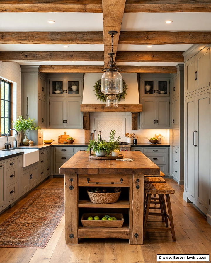 Rustic Charm with Wooden Accents - 25 Kitchen Ideas with Gray Cabinets and Black Countertops