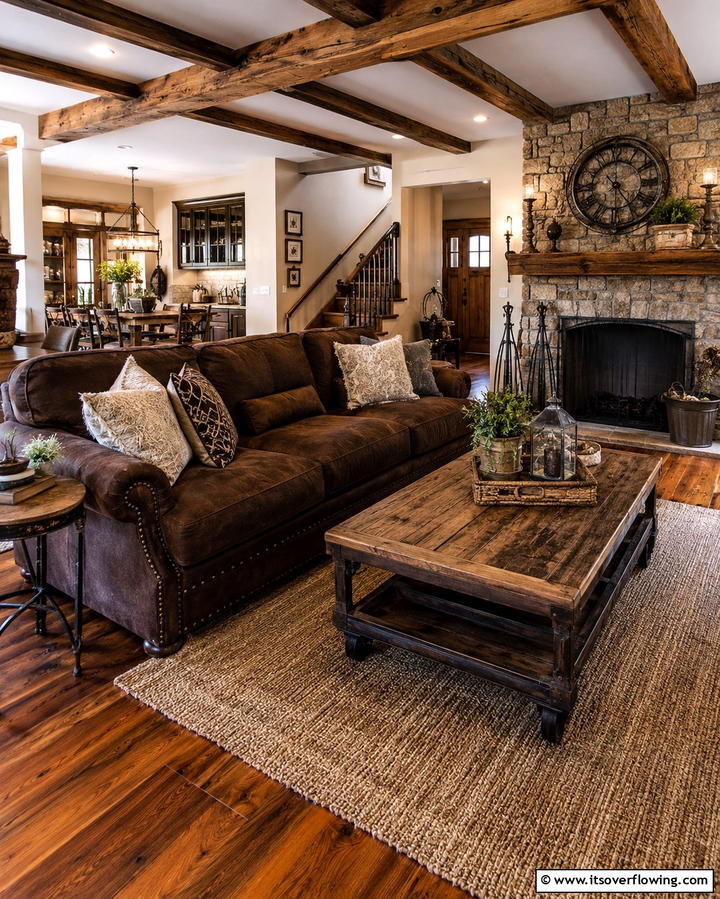 Rustic Charm with Wooden Accents - 30 Warm Dark Brown Couch Styling Ideas for Cozy Living Rooms