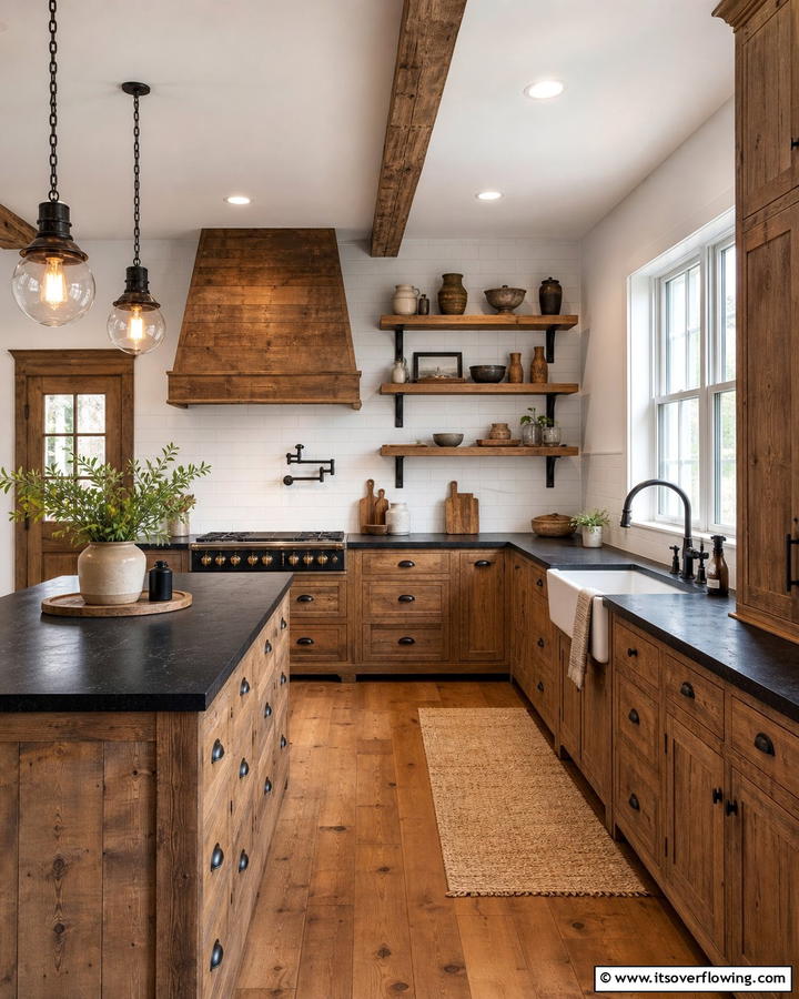Rustic Charm with Wooden Brown Cabinets - 20 Kitchen Ideas with Brown Cabinets and Black Countertops