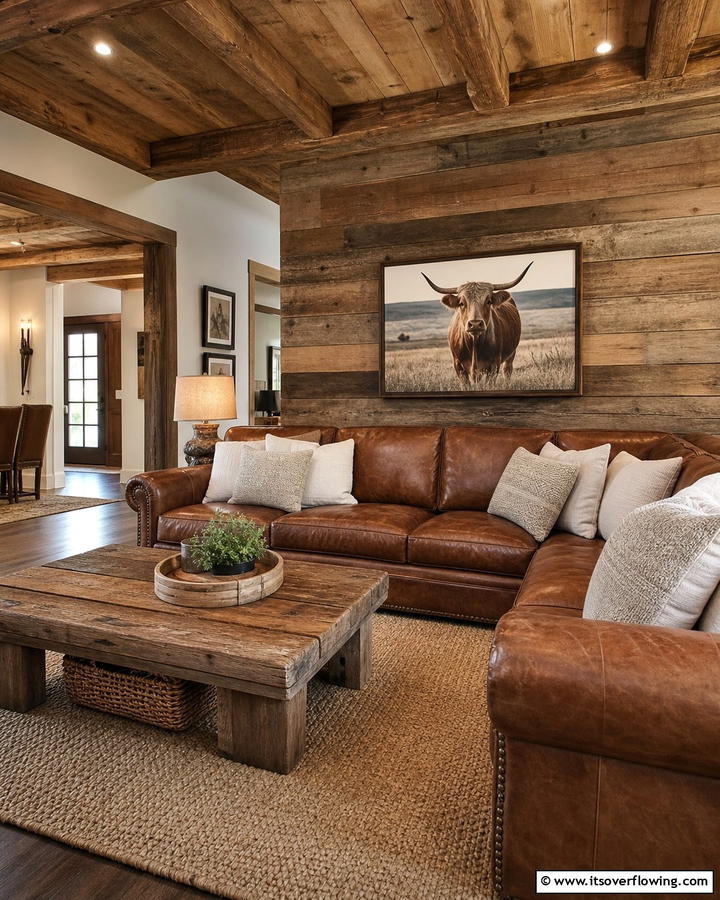 Rustic Charm with Wooden Elements - 25 Brown Leather Couch Living Room Ideas