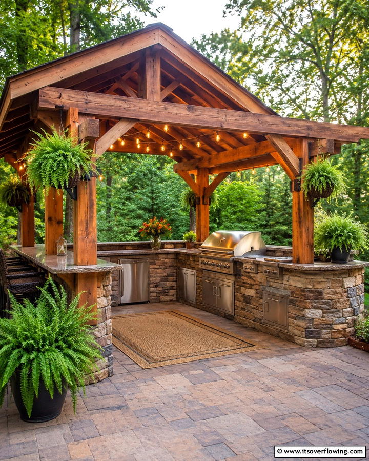 Rustic Charm with Wooden Gazebo - 30 Outdoor Kitchen with Gazebo Ideas for All-Weather Cooking