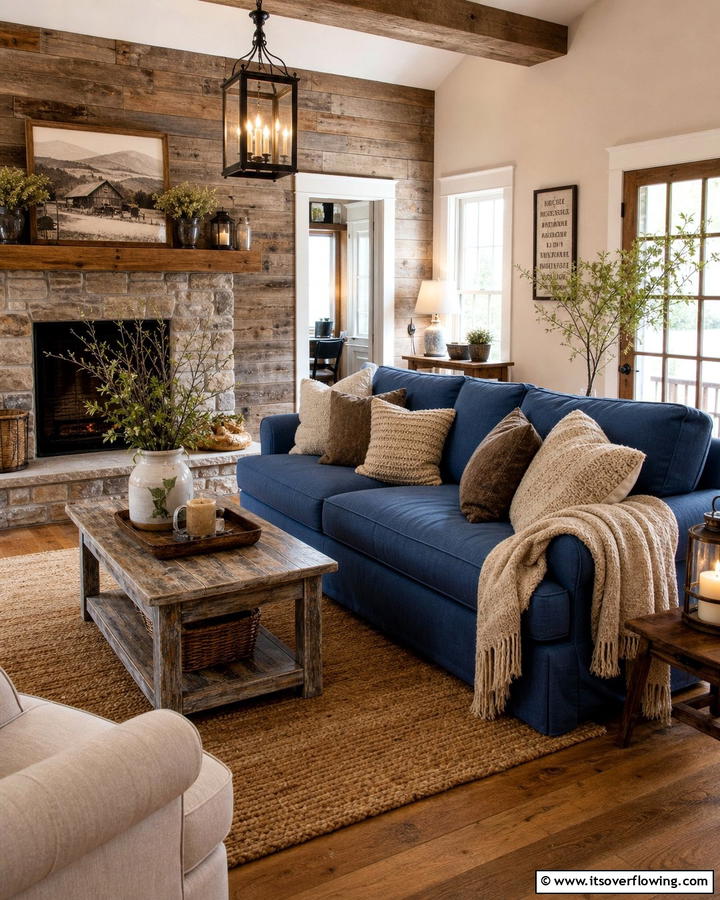 Rustic Charm with a Blue Couch Centerpiece - 25 Blue Couch Living Room Ideas for a Stylish Space
