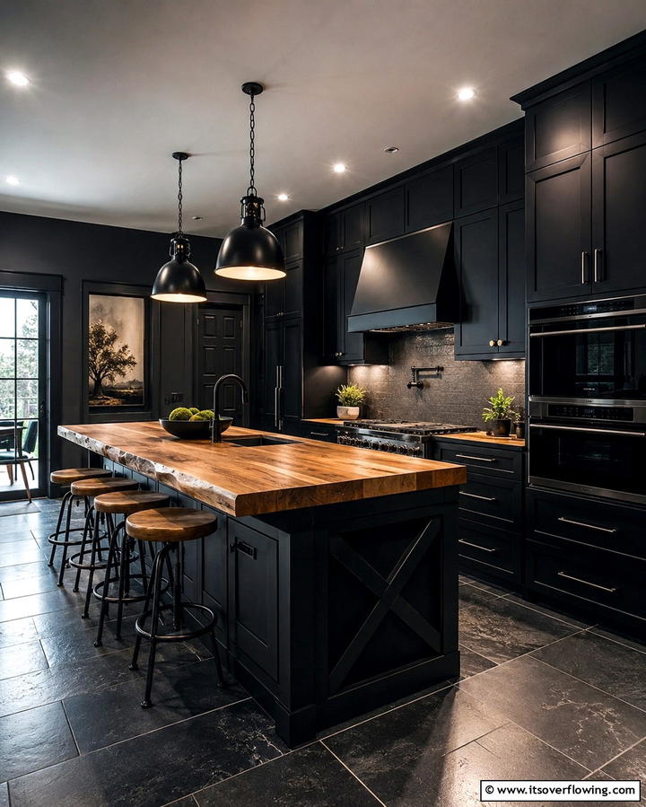 Rustic Charm with a Bold Twist - 25 Kitchen With Black Cabinets And Wood Countertops Ideas