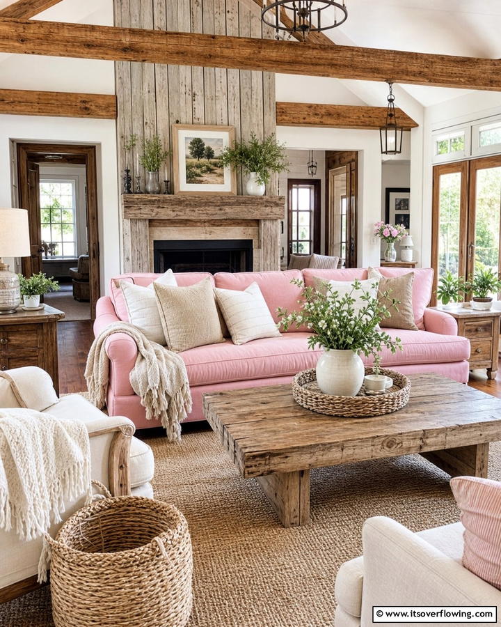 Rustic Charm with a Pink Twist - 20 Pink Couch Living Room Ideas for a Bold Statement