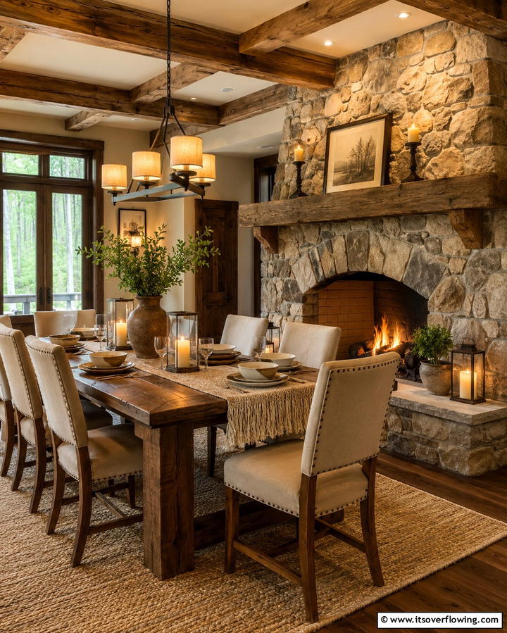 Rustic Charm with a Stone FireplaceExact - 25 Dining Room With Fireplace Ideas for Cozy Gatherings