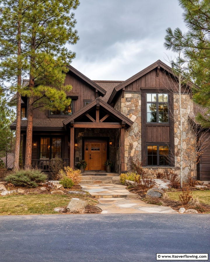 Rustic Chocolate Brown with Stone Accents - 20 Chocolate Brown House Exterior Design Ideas