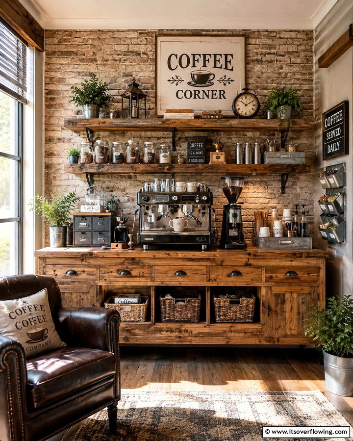 Rustic Coffee Corner - 25 Office Coffee Station Ideas to Boost Your Productivity