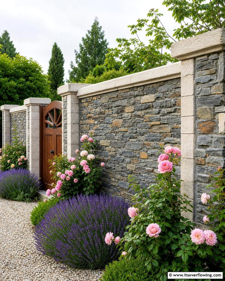 Rustic Concrete Block Fence with Stone Veneer - 20 Concrete Block Fence Ideas for a Sturdy and Stylish Barrier