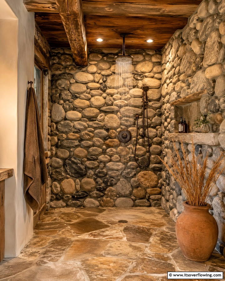 Rustic Corner Shower Haven - 30 Space-Efficient Corner Shower Ideas for Modern Bathrooms