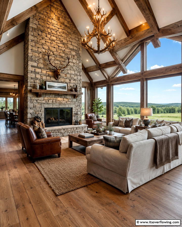 Rustic Country Sunroom Featuring a Stone Fireplace - 30 Sunroom With Fireplace Ideas for Year-Round Comfort