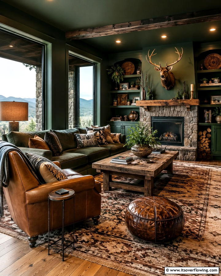 Rustic Dark Green Living Room - 30 Rich Dark Green Living Room Designs for Cozy Elegance