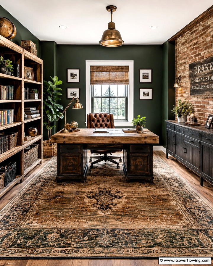 Rustic Dark Green Vibe - 30 Rich Dark Green Home Office Designs for a Focused Workspace