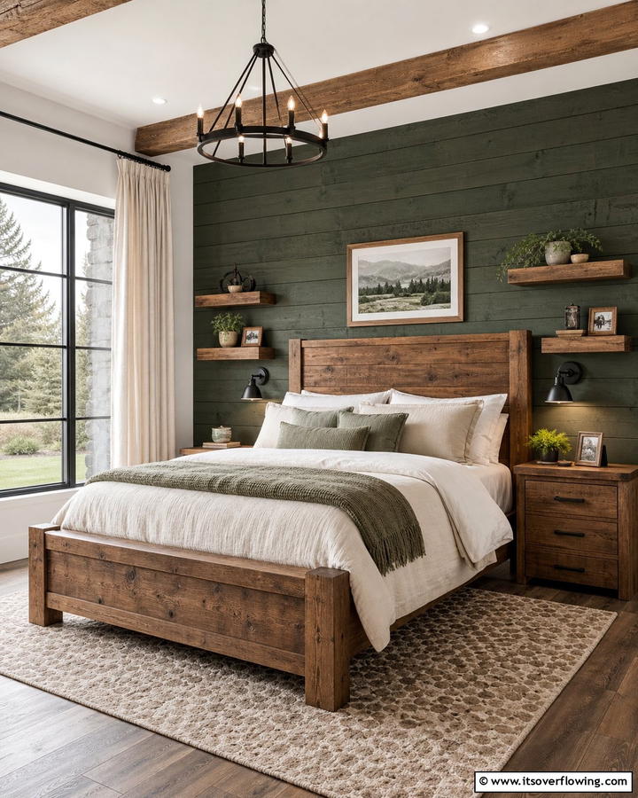 Rustic Dark Green Wooden Elements - 21 Dark Green Bedroom Ideas- Moody & Luxurious Spaces