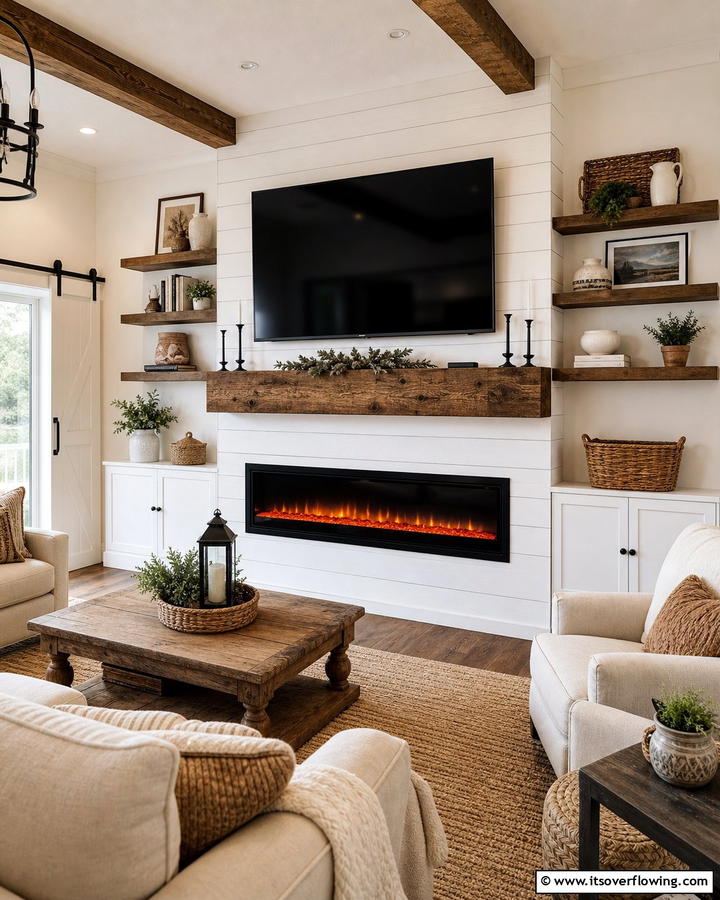 Rustic Electric Fireplace with Modern TV Integration - 30 Electric Fireplace Ideas With TV Above for Cozy Spaces