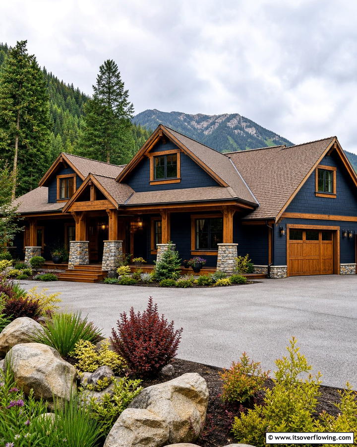 Rustic Elegance with Navy Blue and Cedar Accents - 25 Stunning Blue Exterior Home with Brown Roof Ideas