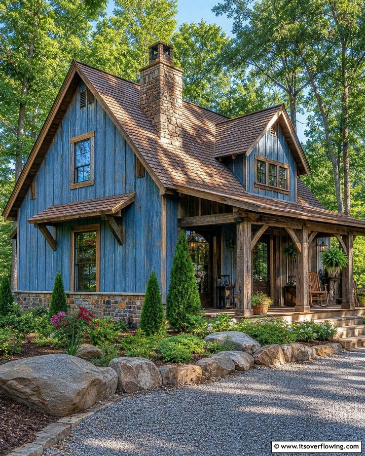 Rustic Elegance with Weathered Blue Panels - 25 Stunning Blue Exterior Home with Brown Roof Ideas