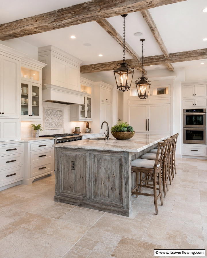 Rustic Elegance with White Cabinets and a Weathered Grey Island - 25 White Kitchen Cabinets with Grey Island Ideas