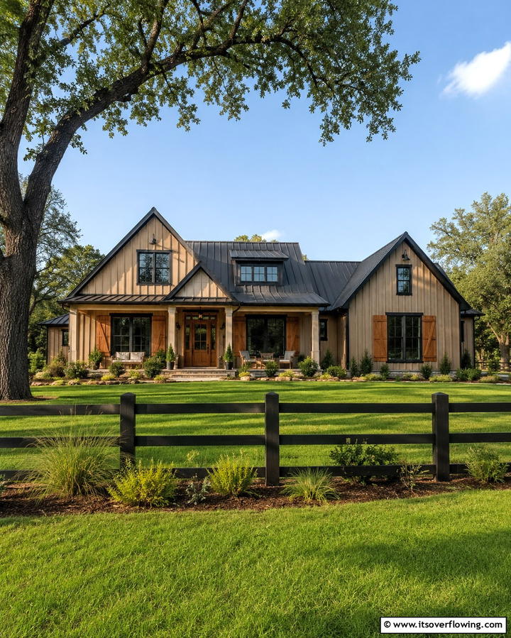 Rustic Farmhouse Charm - 25 Tan House With Black Trim Design Ideas for Elegance