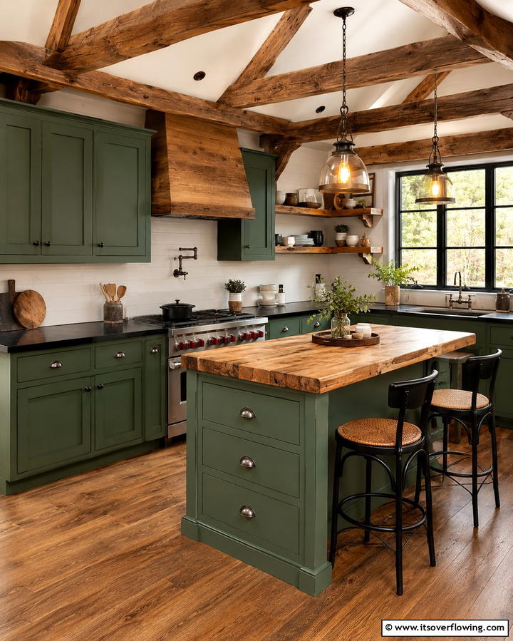 Rustic Farmhouse Charm - 30 Green Kitchen Cabinets & Black Countertops Pairing Ideas