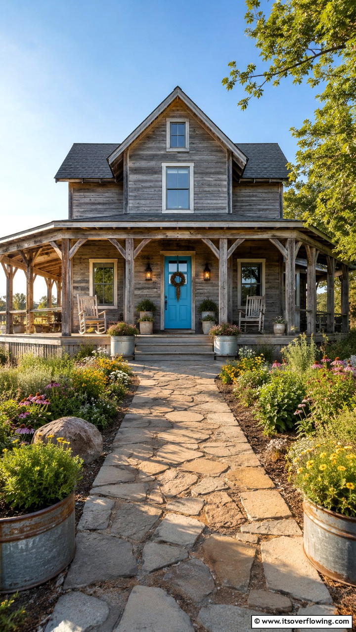 Rustic Farmhouse Charm - 30 Grey House With Blue Door Ideas- Charming Curb Appeal