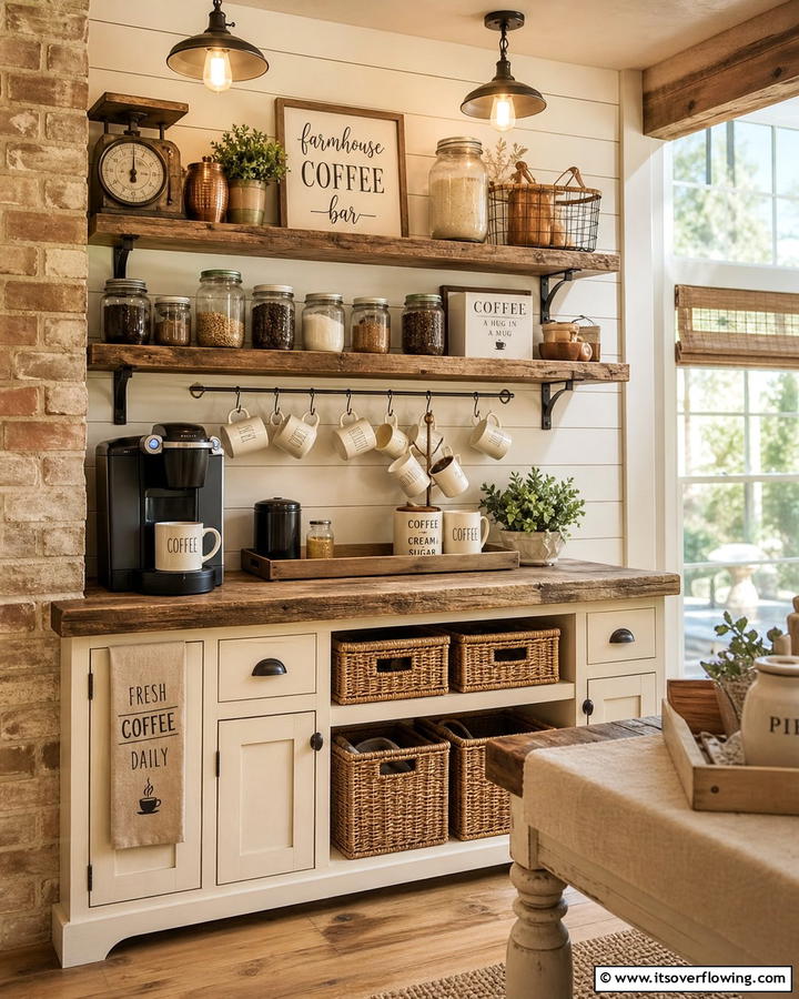 Rustic Farmhouse Coffee Station - 21 Functional Coffee Station Ideas for Kitchen or Office