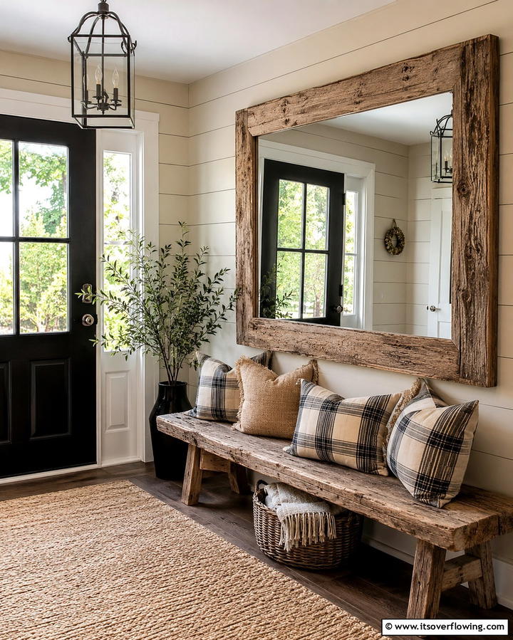 Rustic Farmhouse Mirror - 30 Statement Entryway Mirror Ideas to Brighten Narrow Spaces