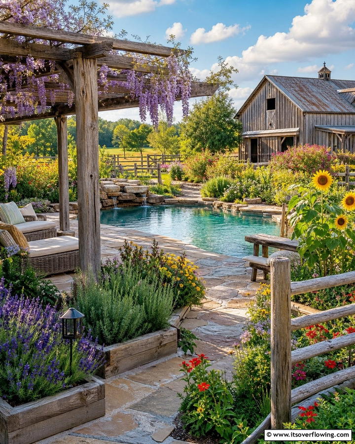 Rustic Farmhouse Pool Area - 17 Pool Landscaping Ideas for Tropical Backyard Escapes