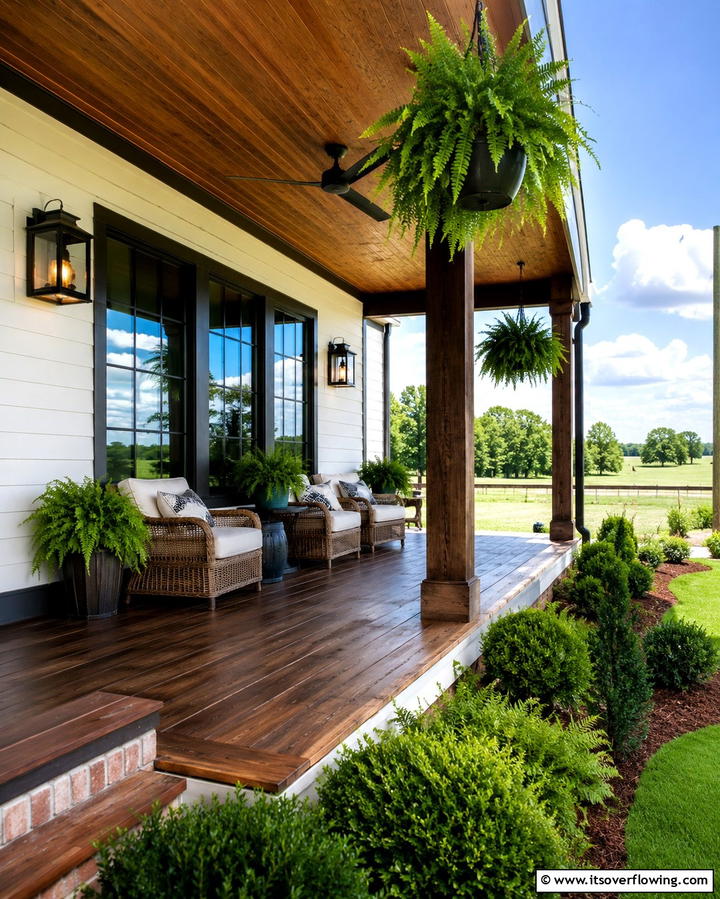 Rustic Farmhouse Porch with Black Framed Windows - 25 White Farmhouse with Black Windows Ideas